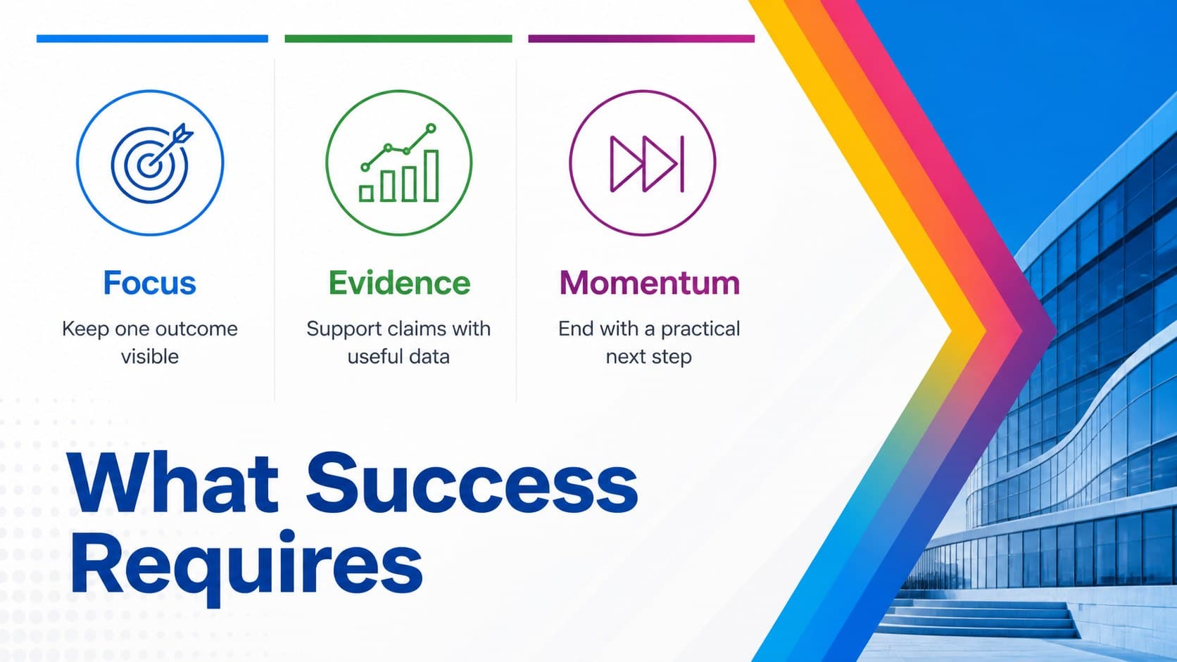 Three-column priorities slide in a presentation theme with customizable colors.