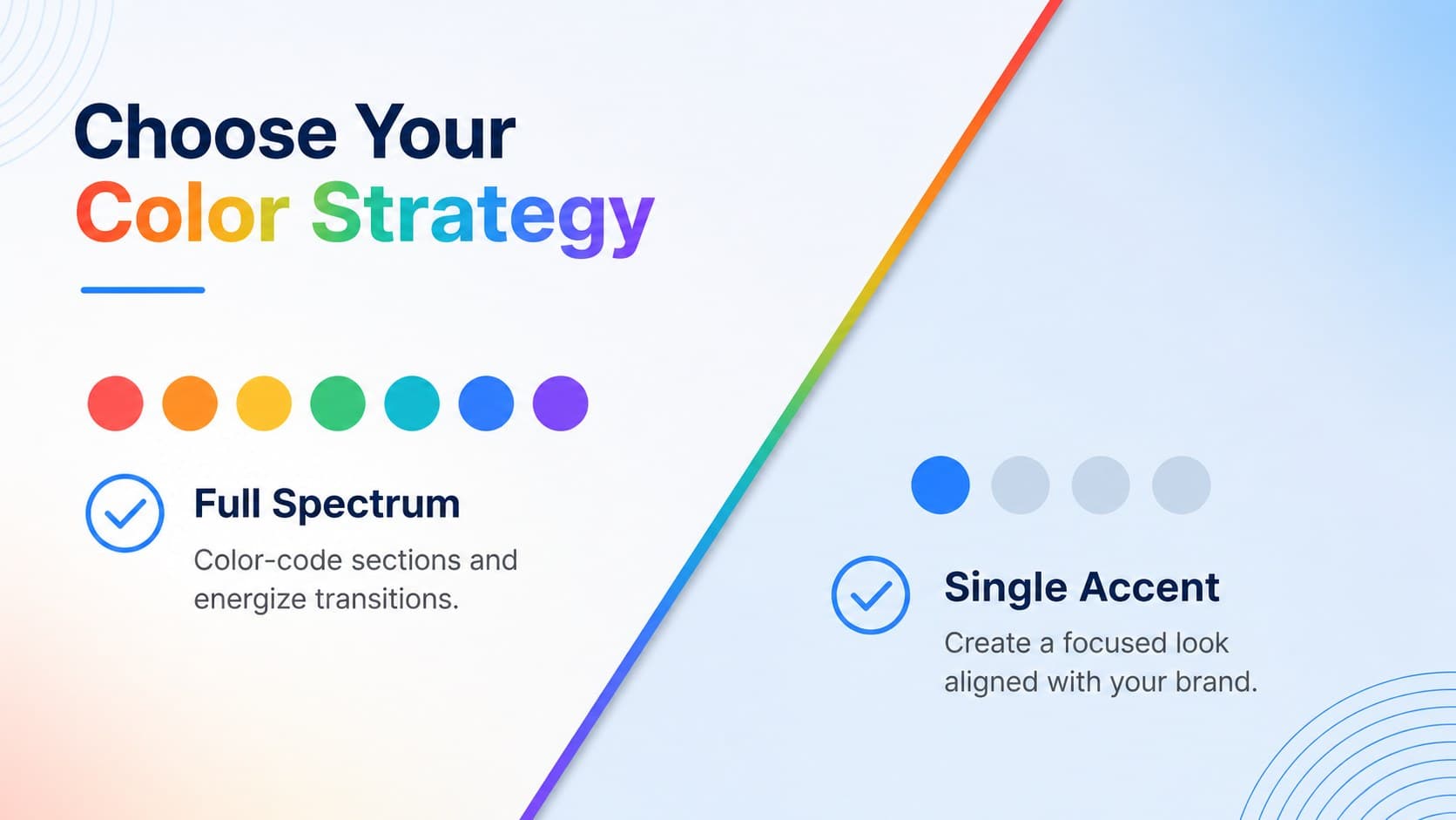 Colorful professional presentation slide comparing a full spectrum palette with a single brand accent.