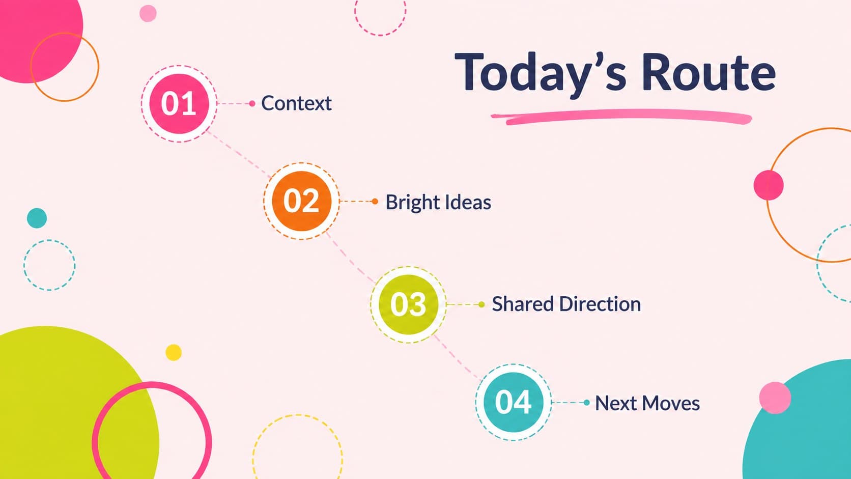 Colorful agenda layout from a bright geometric slide deck with four circular section markers.