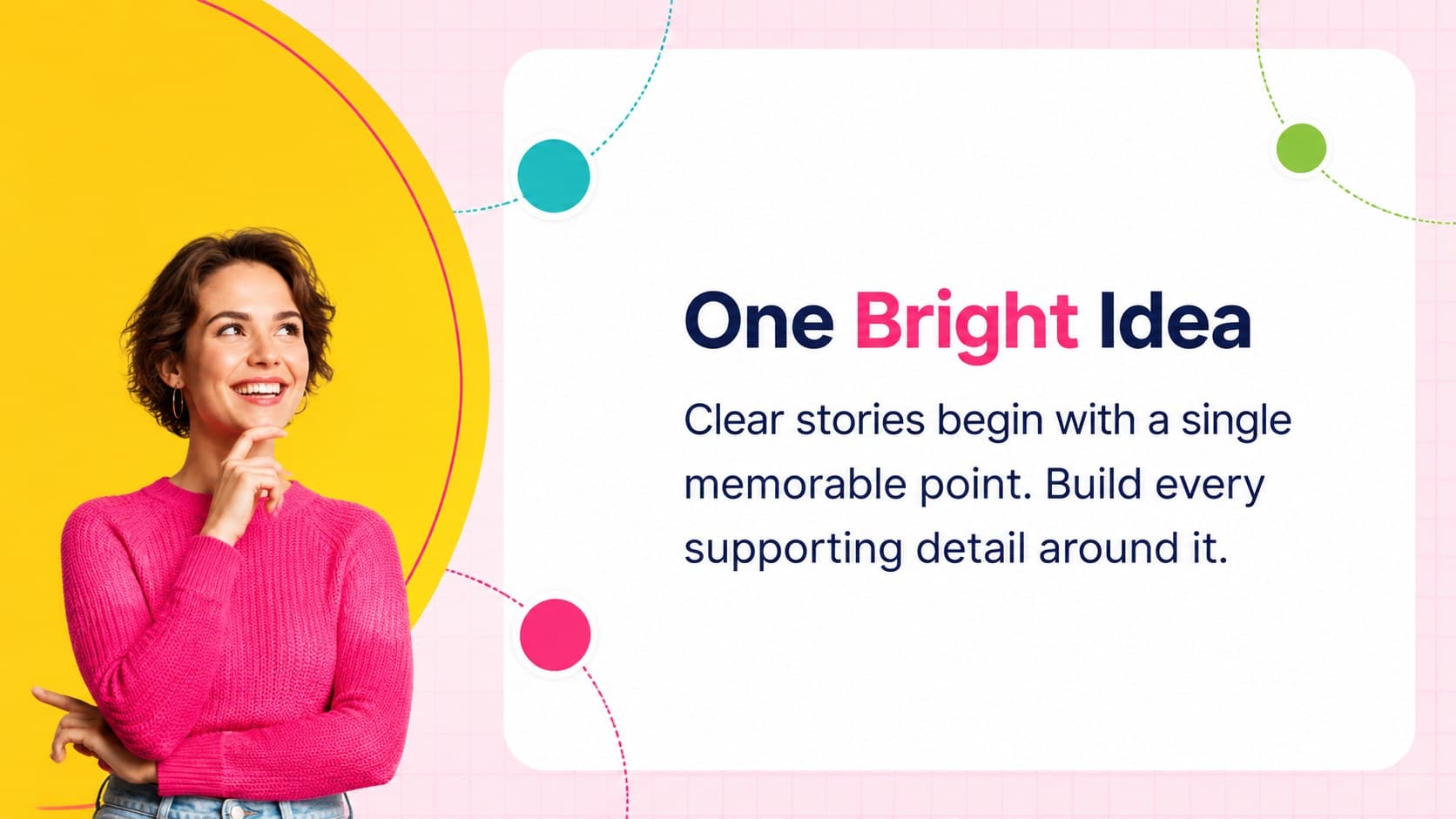 Rainbow circle presentation theme slide highlighting one central creative idea with supporting notes.