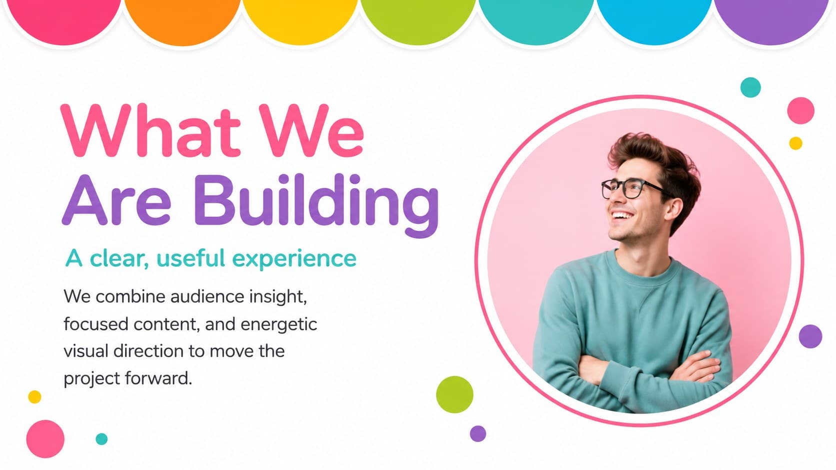 Creative project overview with a circular photo crop and concise text in a colorful presentation layout.