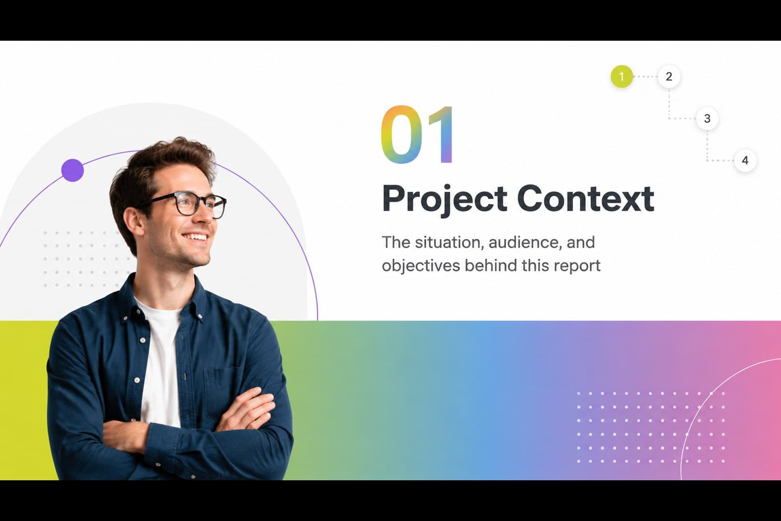 Section divider slide for a visual briefing deck with a bold rainbow bar and the heading Project Context.