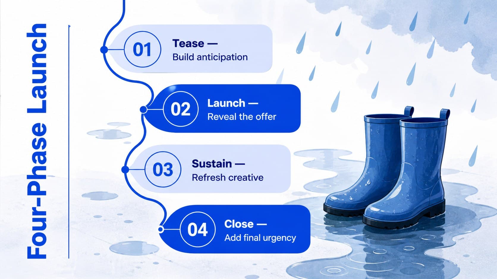 Four-phase launch timeline for a rainy season retail marketing campaign.