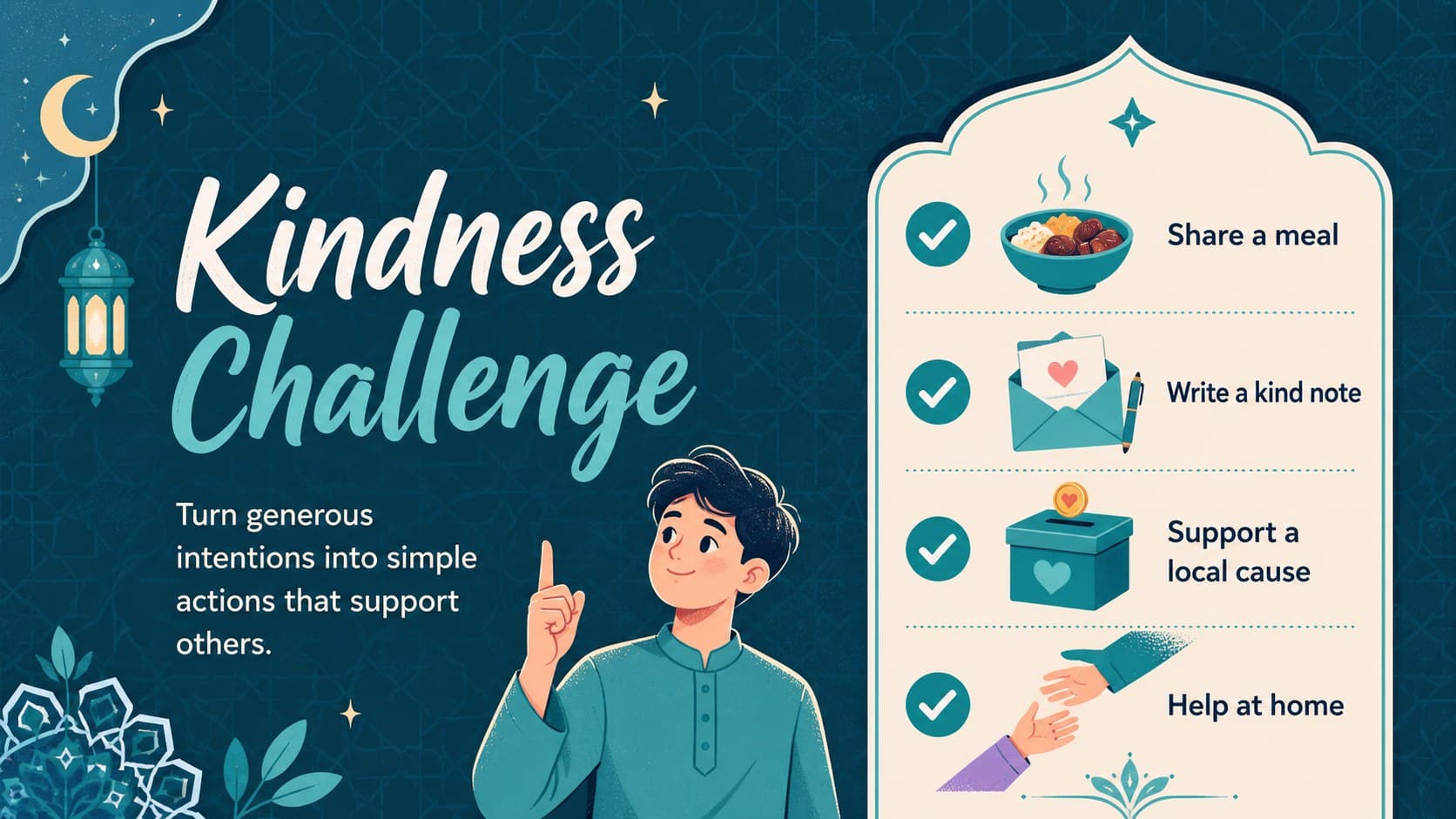 Illustrated Ramadan kindness challenge slide with a weekly checklist in a bright blue palette.
