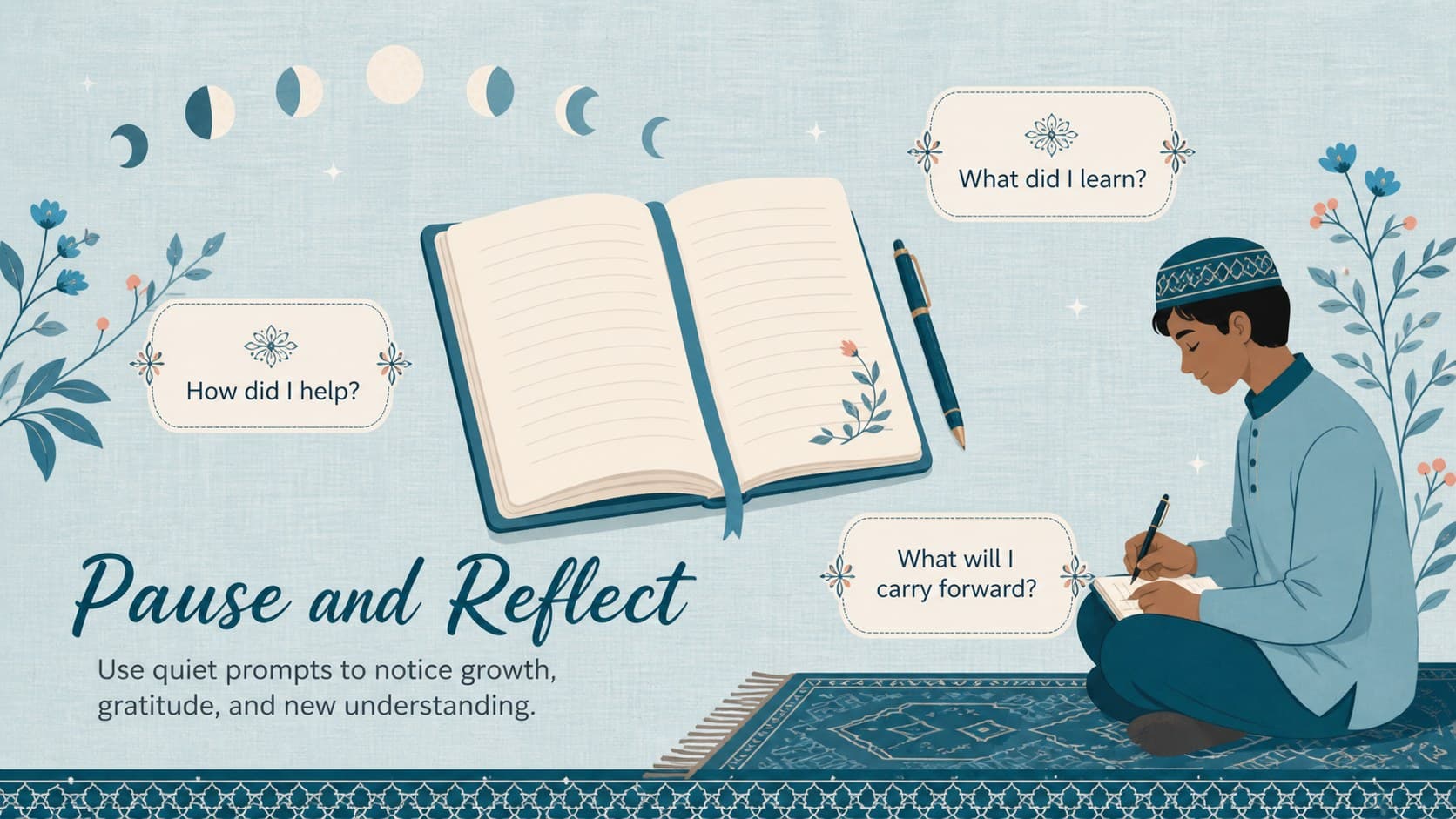 Blue Ramadan reflection slide with journal prompts, a crescent moon, and an open book illustration.