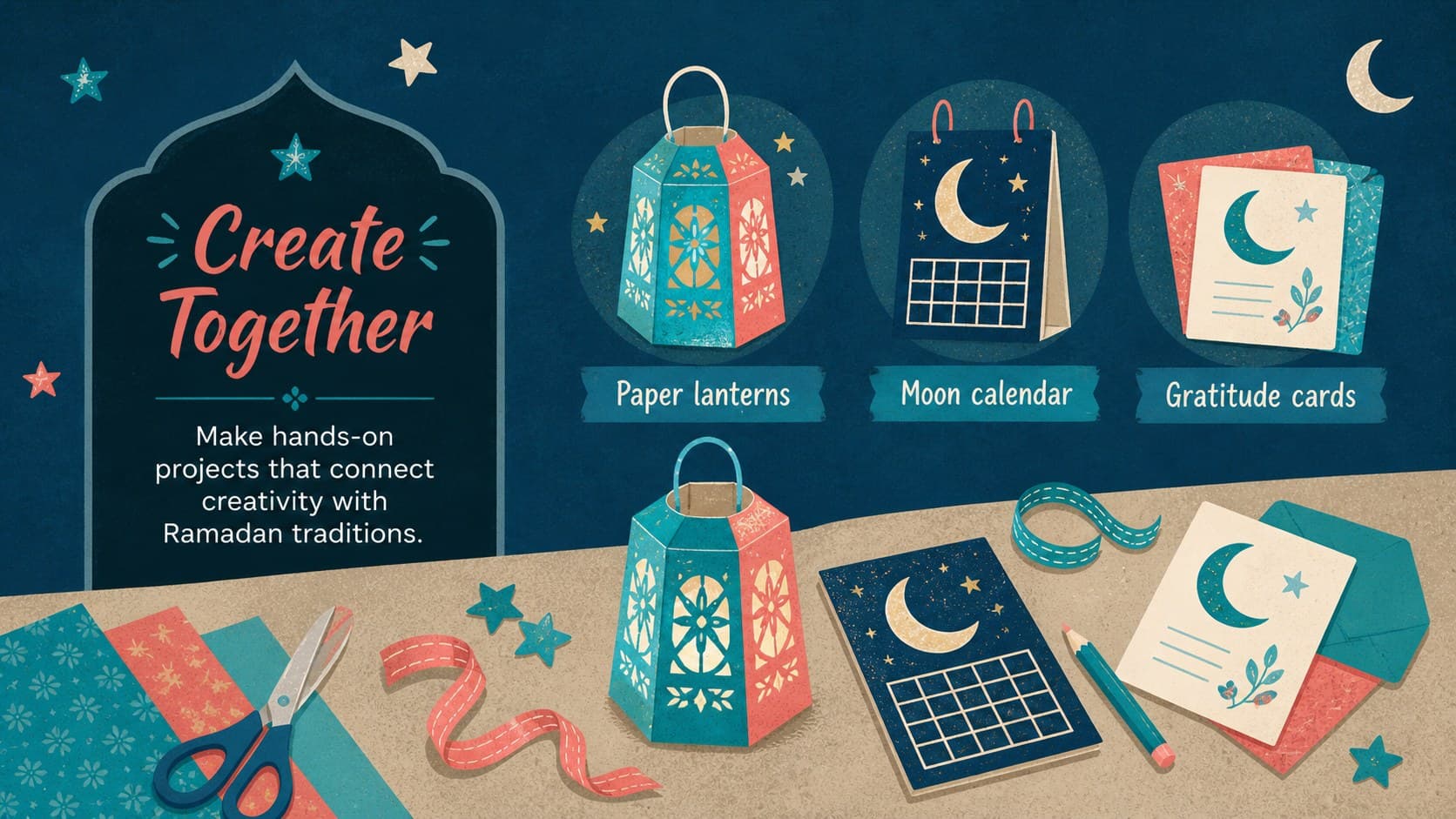Kid-friendly Ramadan activity deck slide featuring three craft ideas in a playful illustrated layout.