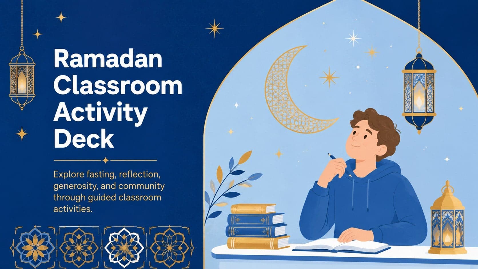 Cover of the Ramadan Classroom Activity Deck with blue and gold Islamic geometric illustrations.