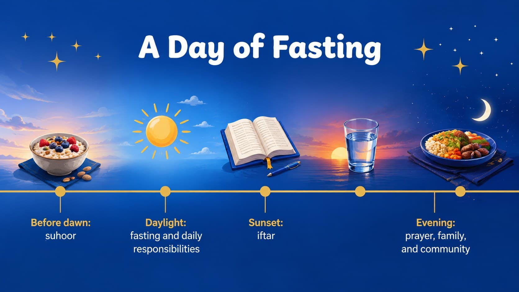 Illustrated Ramadan fasting timeline showing suhoor, daylight hours, sunset, and iftar.