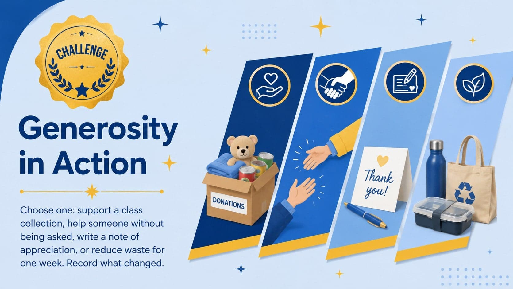Middle school Ramadan generosity challenge slide with actionable classroom task prompts.