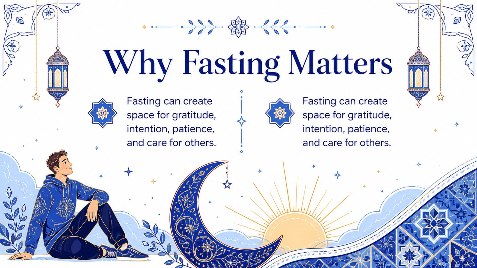 Ramadan fasting lesson presentation explaining the purpose of fasting with an illustrated blue composition.