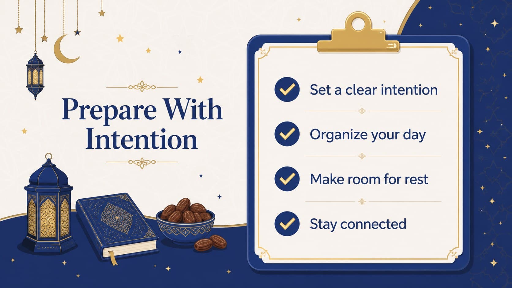 Ramadan fasting guide slide with practical preparation points arranged around blue geometric illustrations.