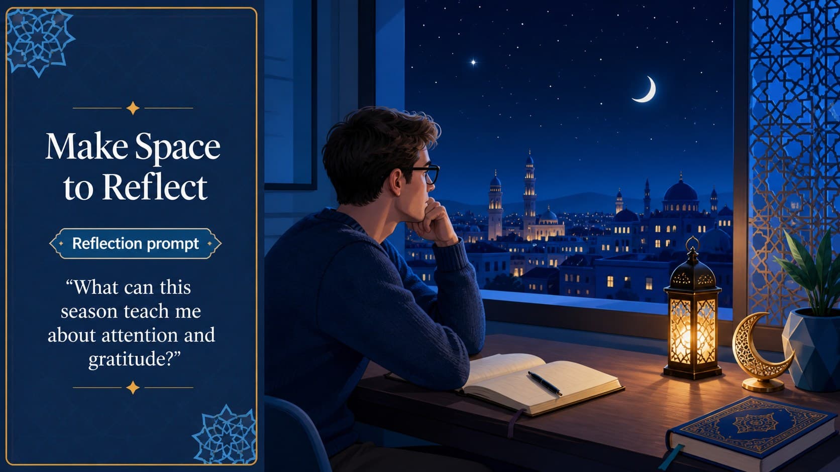 Islamic fasting reflection slides featuring a blue quote layout and an original illustrated evening scene.