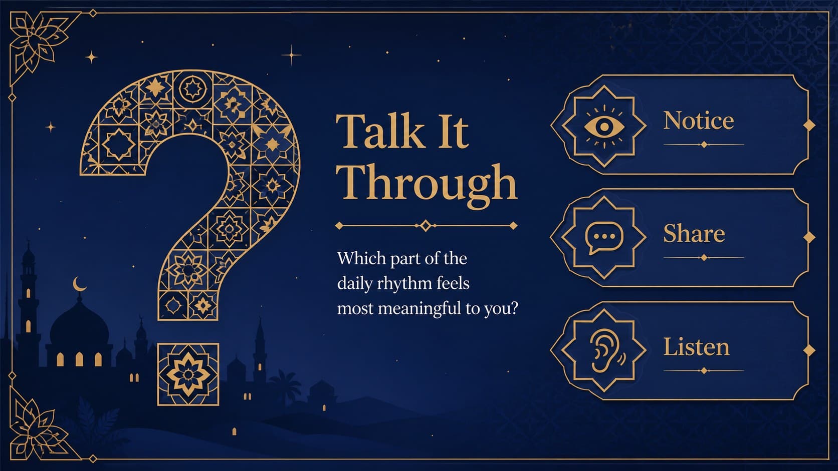 Ramadan education slideshow with a blue illustrated discussion prompt for group participation.