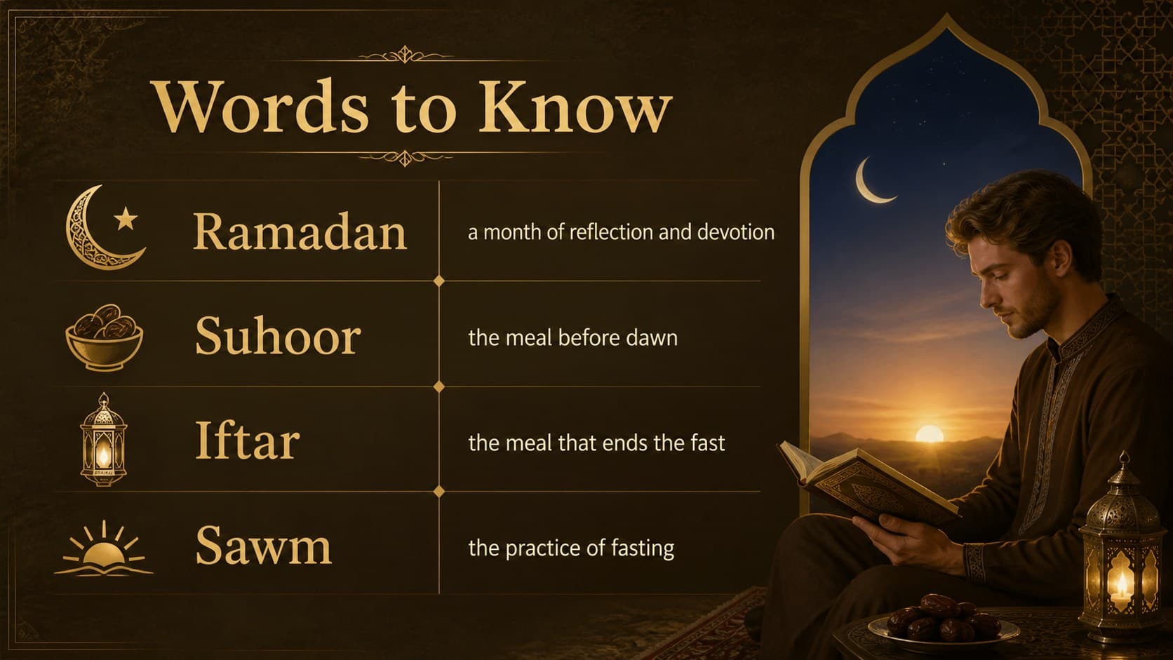 Educational slide defining Ramadan vocabulary with gold illustrated study visuals.