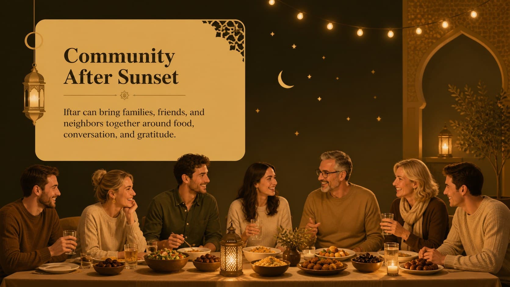 Community traditions slide showing shared meals and connection in a Ramadan education presentation.