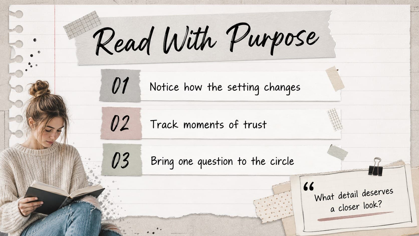 Reading goals slide showing prompts for a guided book discussion presentation.