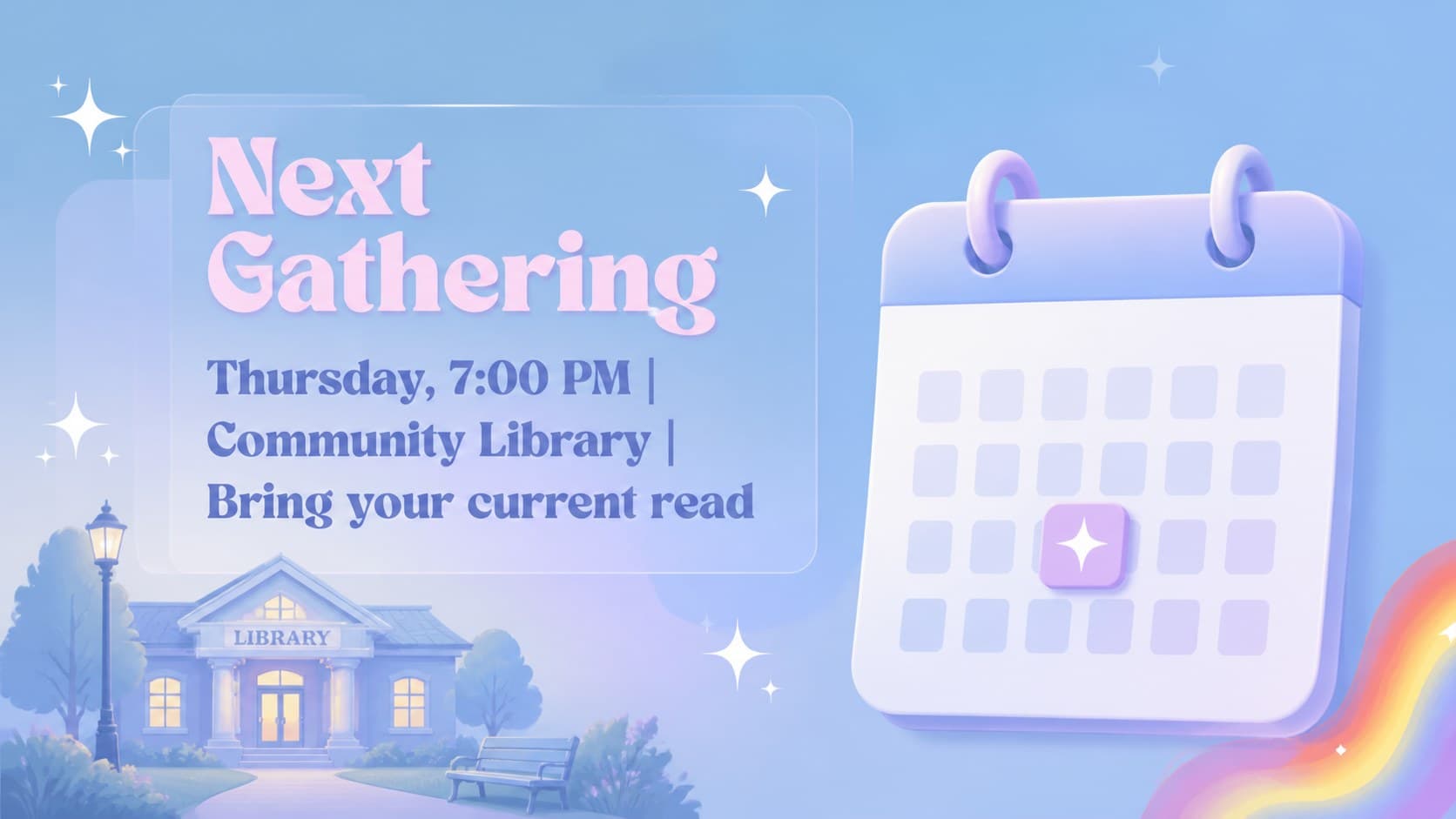 Pastel blue book club campaign slide showing an upcoming reading event announcement.