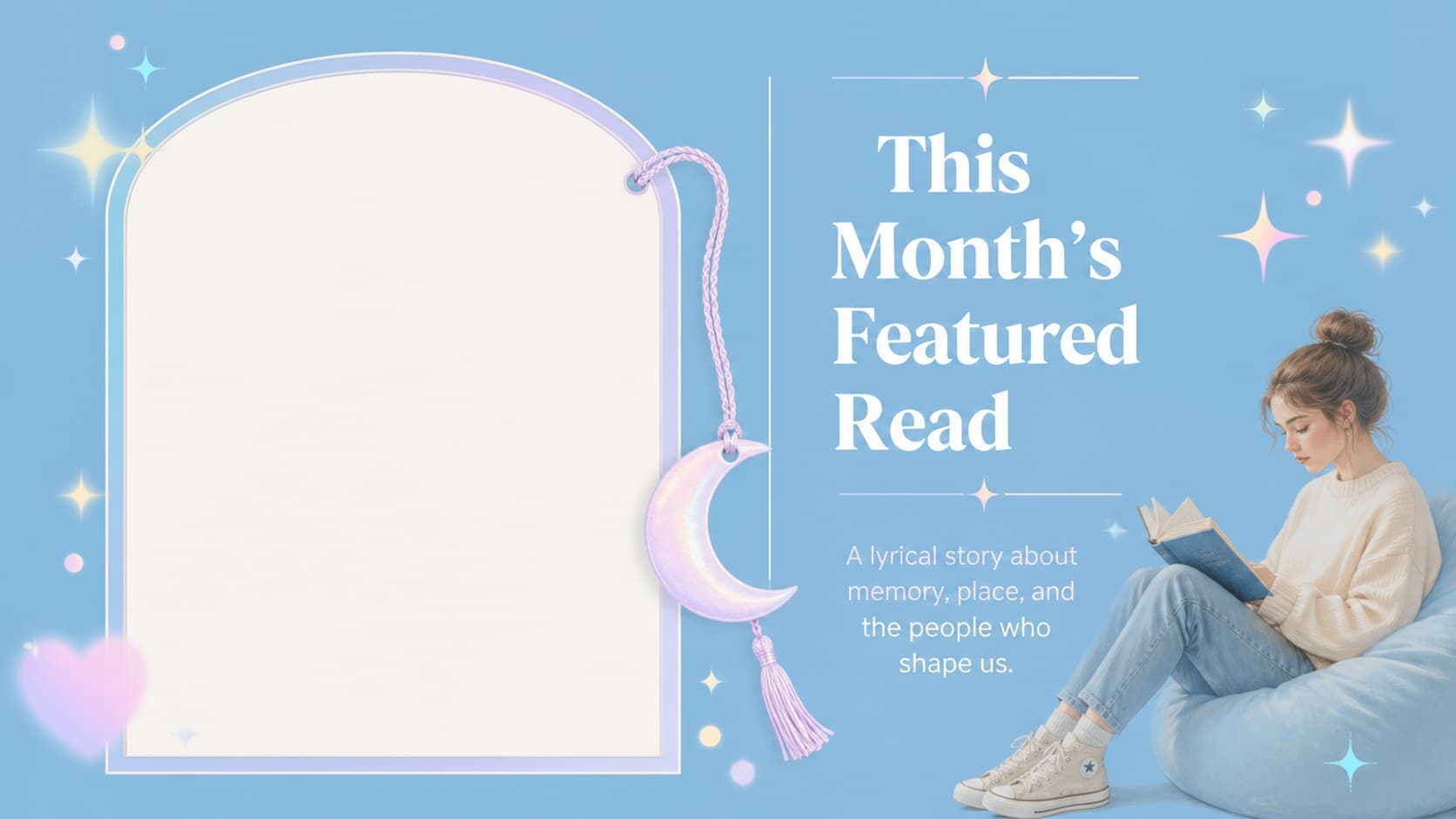 Dreamy gradient slide presenting a featured book for a reading group campaign.