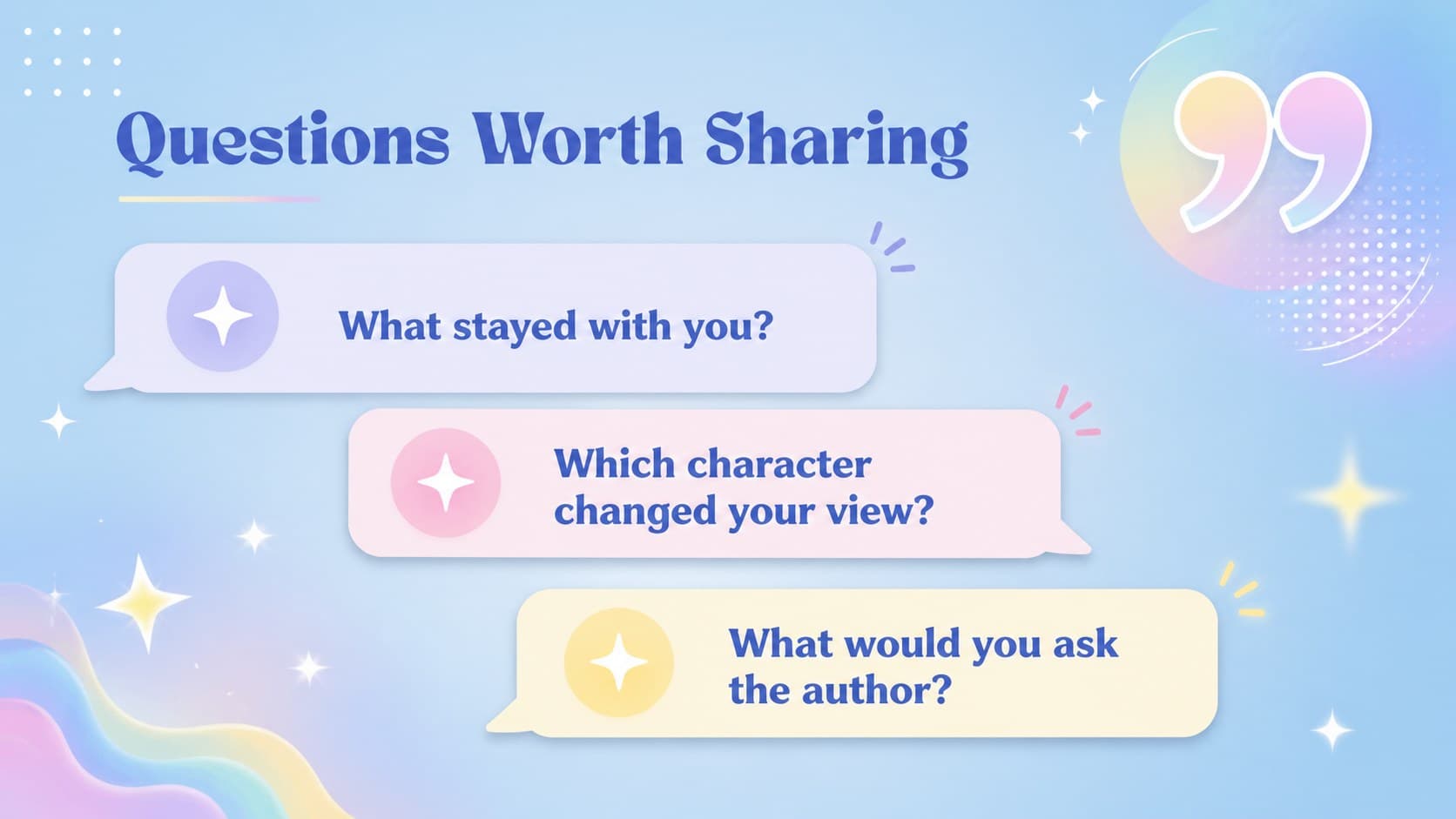 Pastel book club slide displaying prompts for a lively group discussion.