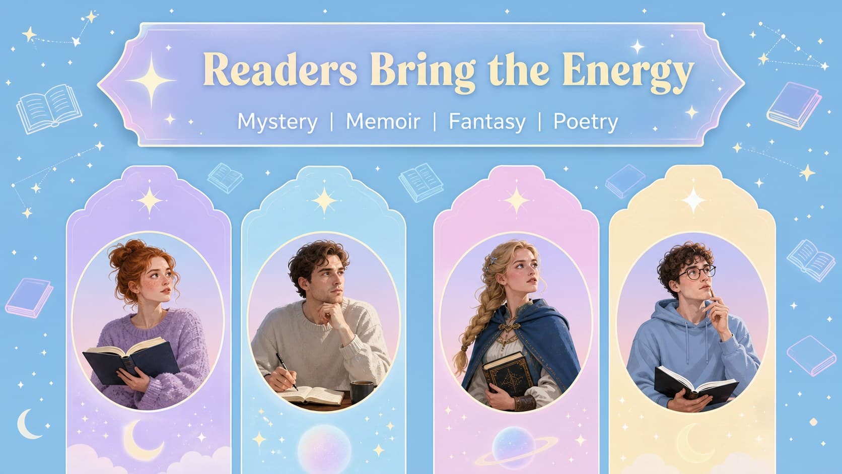 Blue pastel community slide introducing reading group members and their favorite genres.