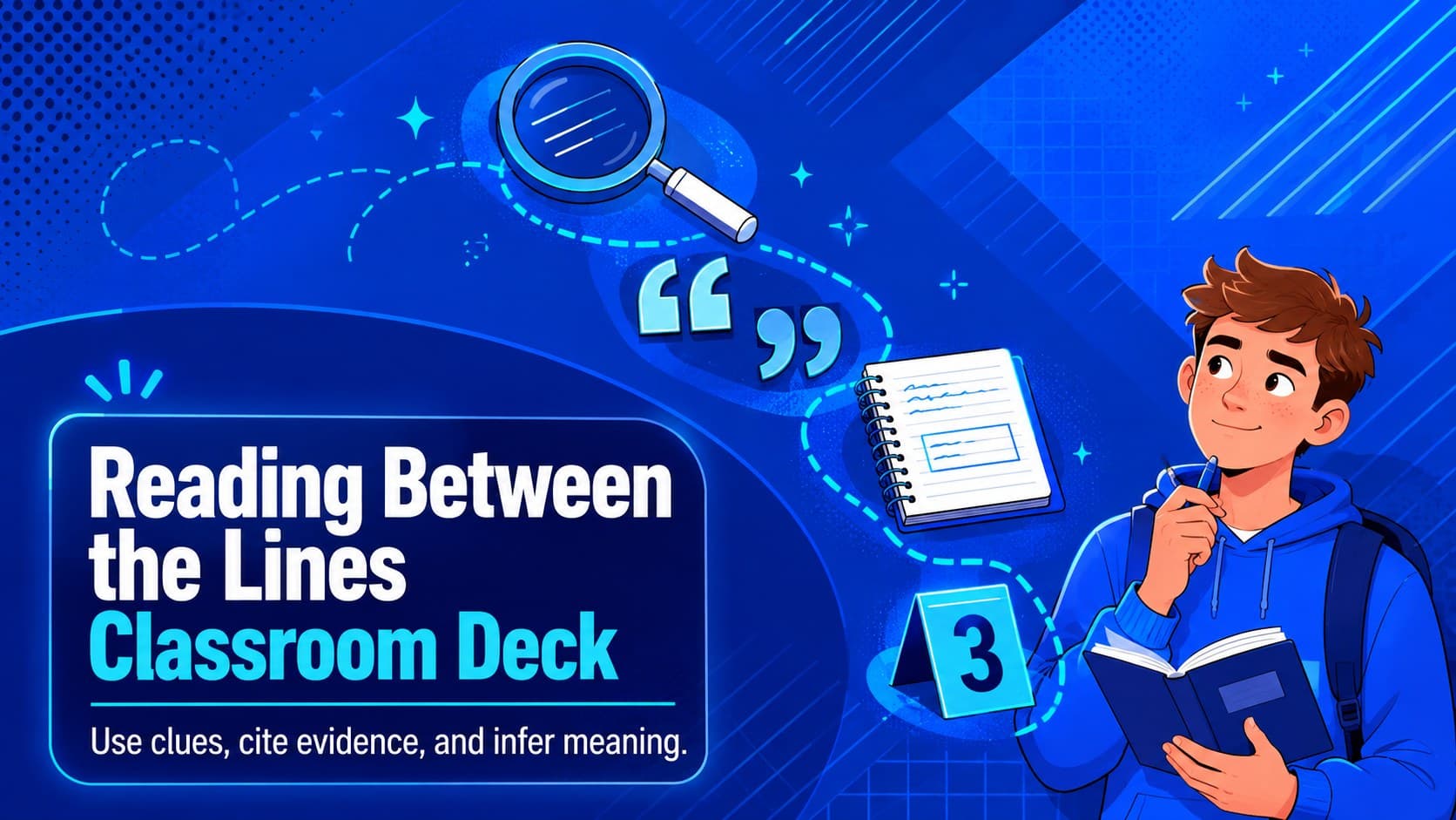 Cover of the Reading Between the Lines Classroom Deck with blue neon graphics and a visual clue-solving theme.