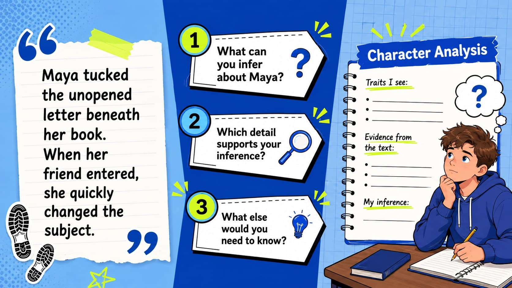 Character inference classroom activity with a short passage, evidence highlights, and discussion questions.