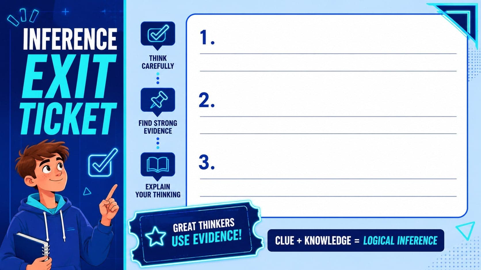 Blue neon inference exit ticket slide prompting students to state a conclusion and cite text evidence.