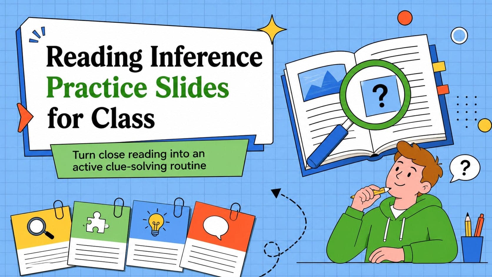 Cover slide for reading inference practice slides showing a colorful blue classroom lesson about finding clues and forming conclusions.
