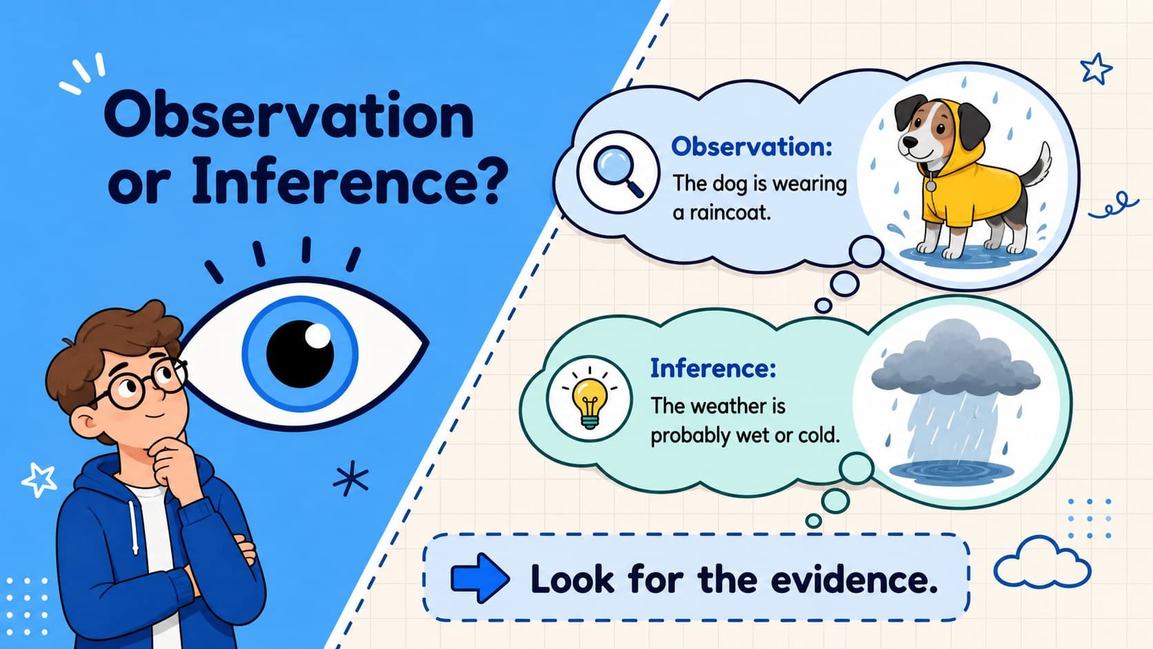 Reading comprehension presentation slide comparing an observation with an inference in a colorful classroom layout.