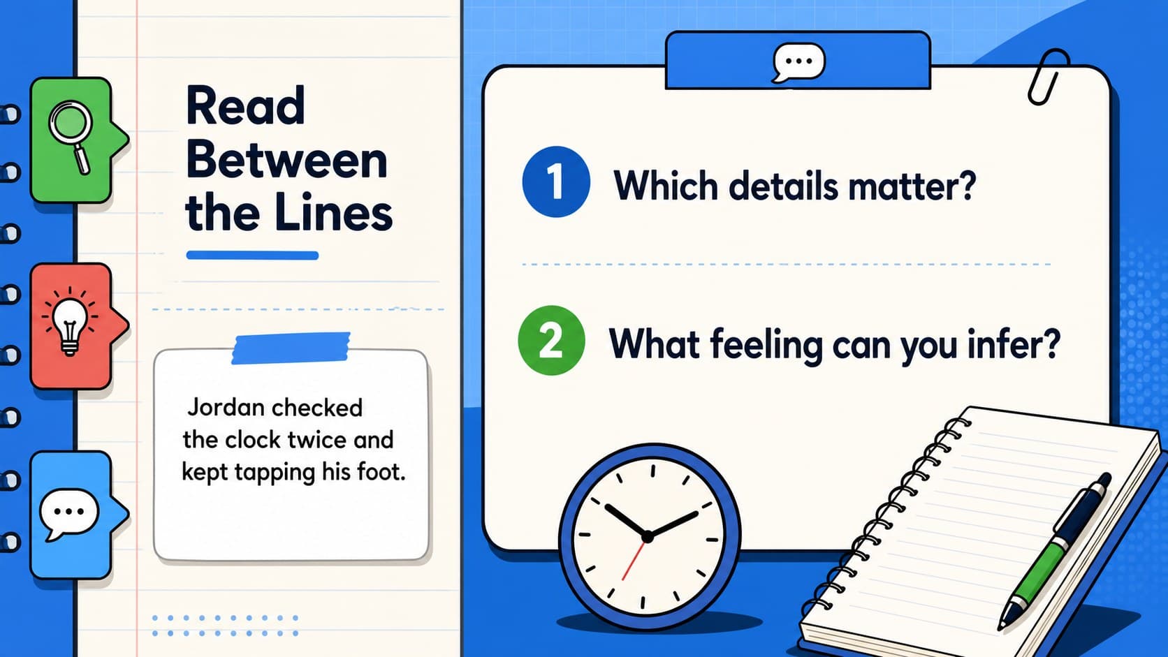 Middle school reading activity slide presenting a short passage with highlighted clues for group discussion.