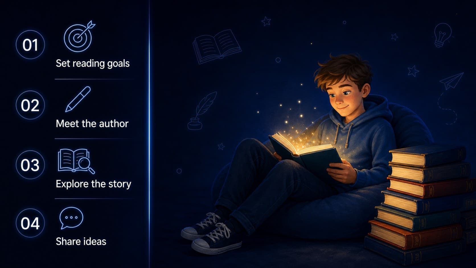 Agenda slide outlining a reading workshop with books, goals, and discussion topics.