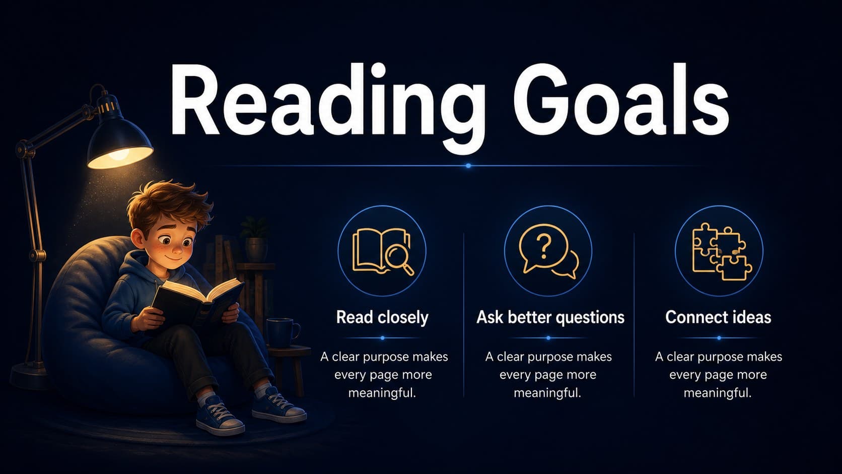 Reading goals slide showing measurable literacy objectives beside a cheerful book illustration.