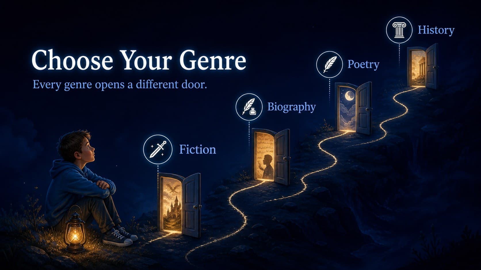 Genre guide slide comparing fiction, biography, poetry, and historical writing with simple icons.