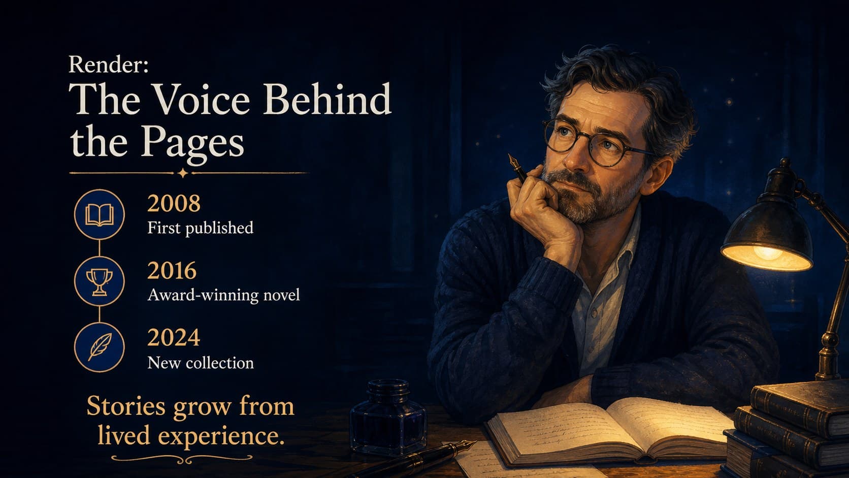 Author profile slide featuring a biography timeline and an original illustrated writer portrait.