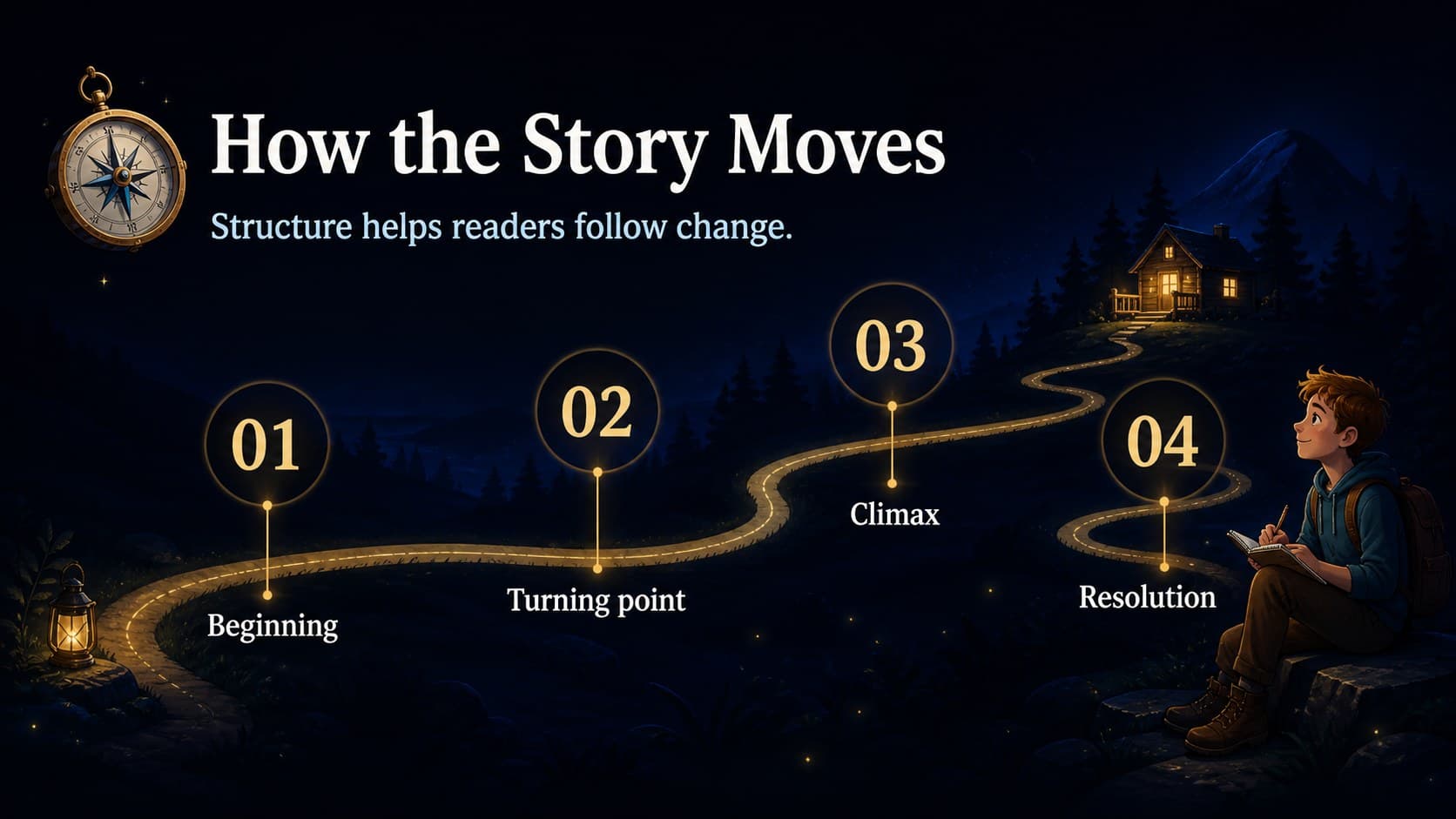 Story structure slide mapping beginning, turning point, climax, and resolution.