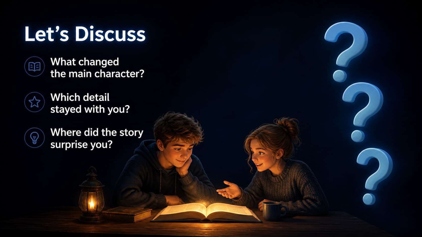 Discussion prompt slide with open questions and an illustrated conversation around a book.