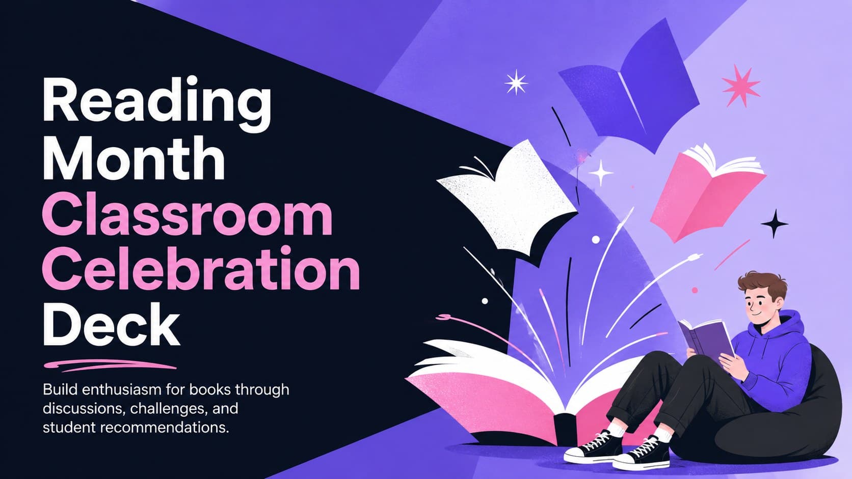Cover of the Reading Month Classroom Celebration Deck with bold typography and colorful book-inspired gradient accents.
