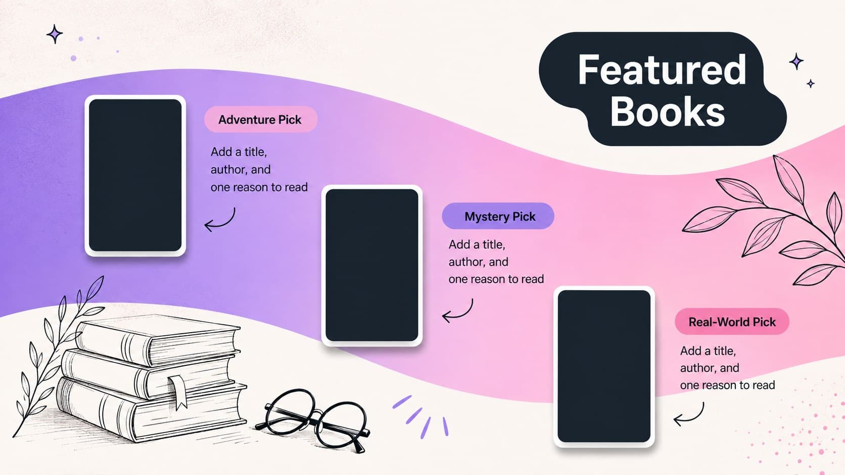Featured classroom books slide with spaces for three recommendations, genres, and brief reasons to read.