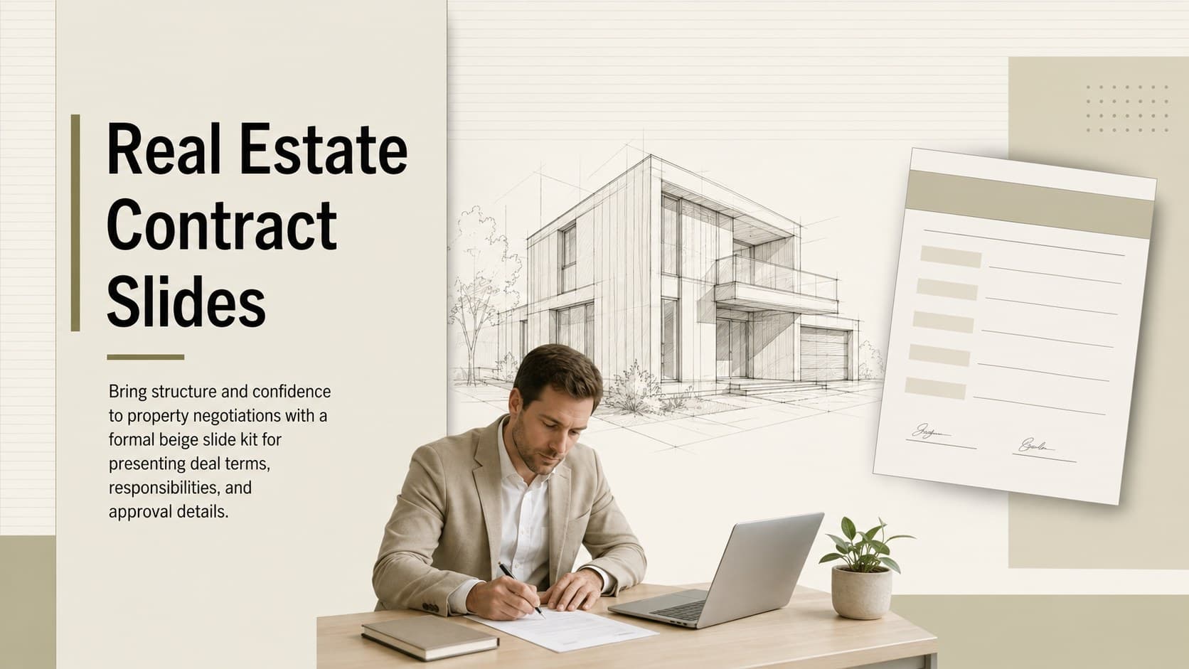 Formal cover slide for a real estate contract slides presentation with a beige minimalist layout.