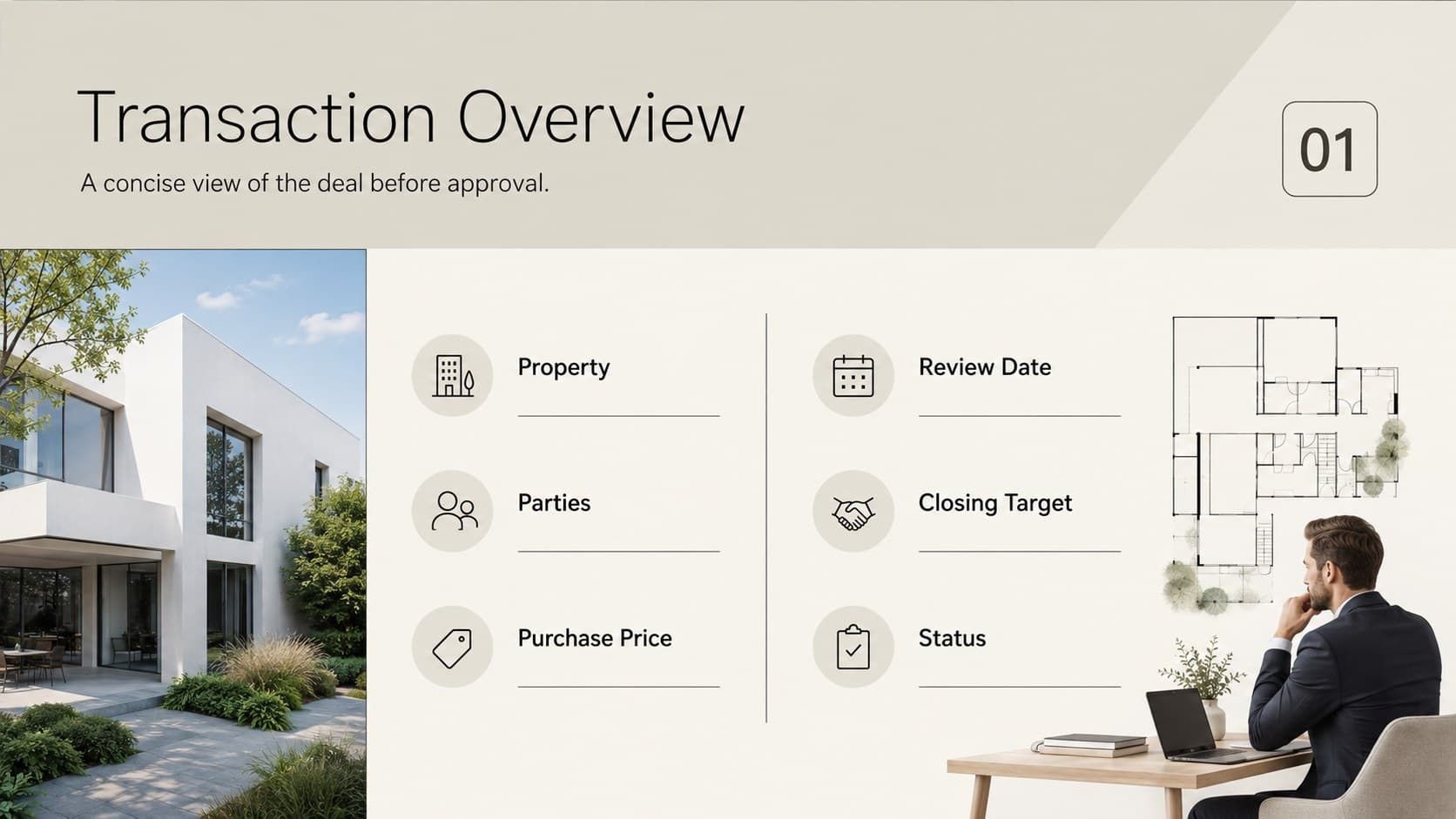 Real estate transaction presentation slide summarizing property information and involved parties in a formal beige design.
