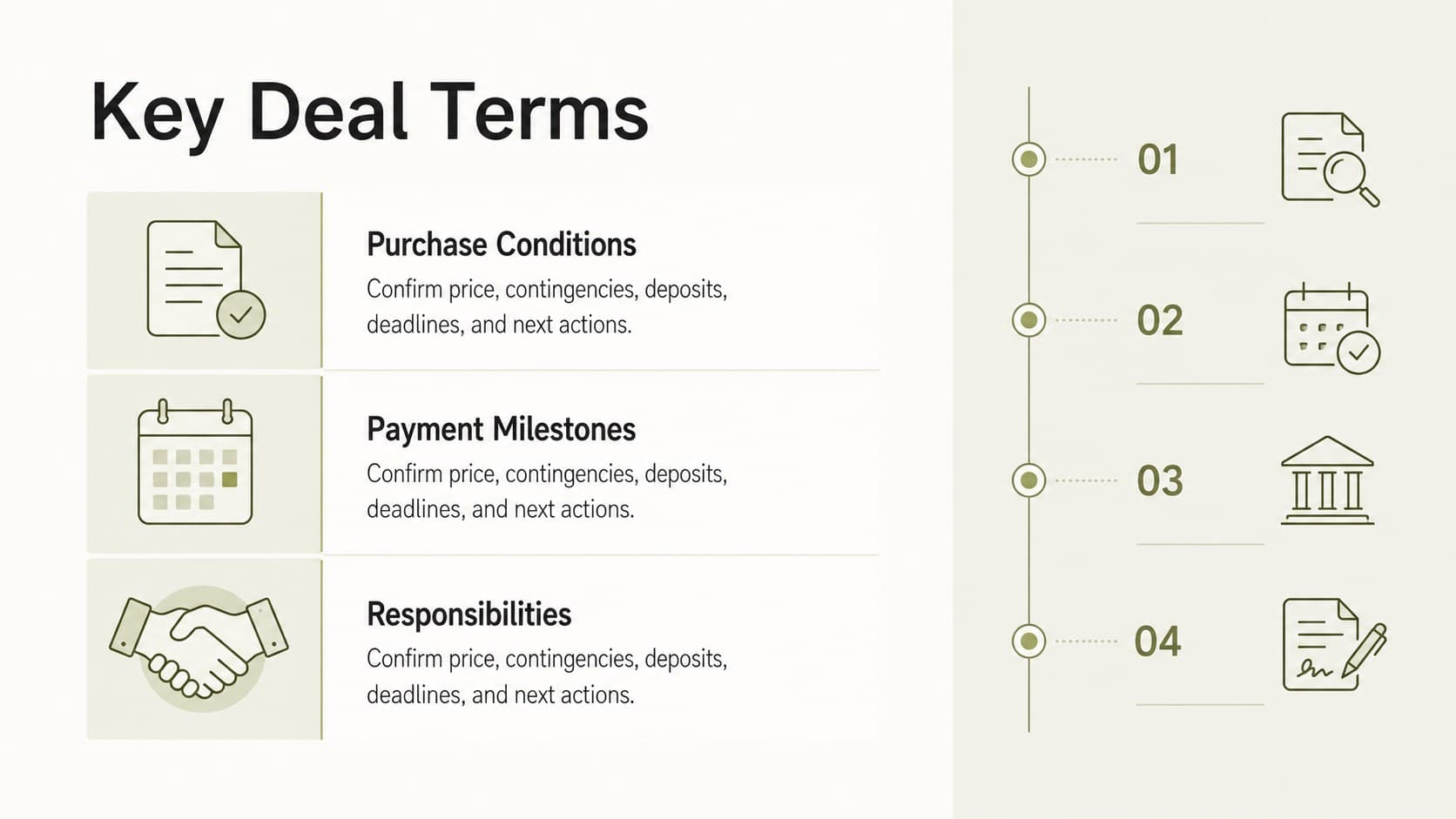 Property negotiation summary slide showing purchase conditions, payment milestones, and responsibilities.