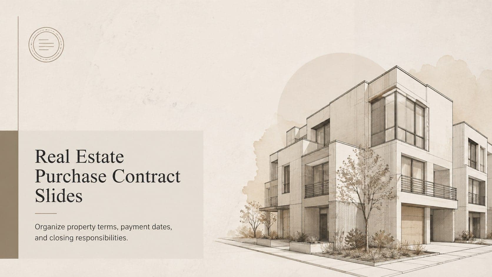 Cover of a minimalist beige Real Estate Purchase Contract Slides template with formal line accents.