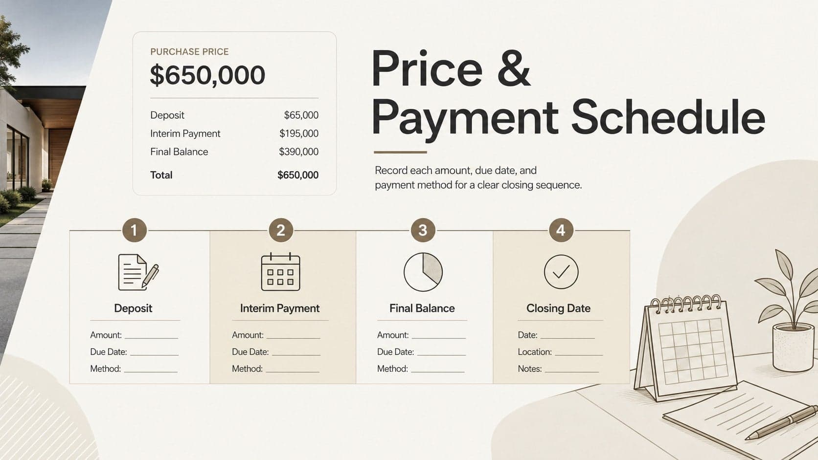 Real estate payment schedule template slide showing deposit, installment, and closing milestones.