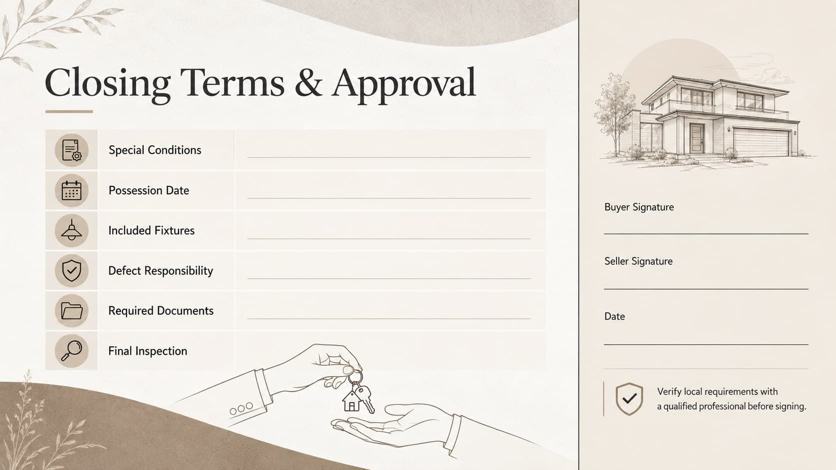 Property closing checklist slide with handover terms, special conditions, and approval fields.