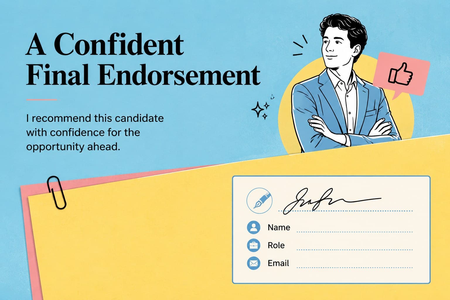 Closing recommendation letter slide with a concise endorsement, signature area, and editable contact details.