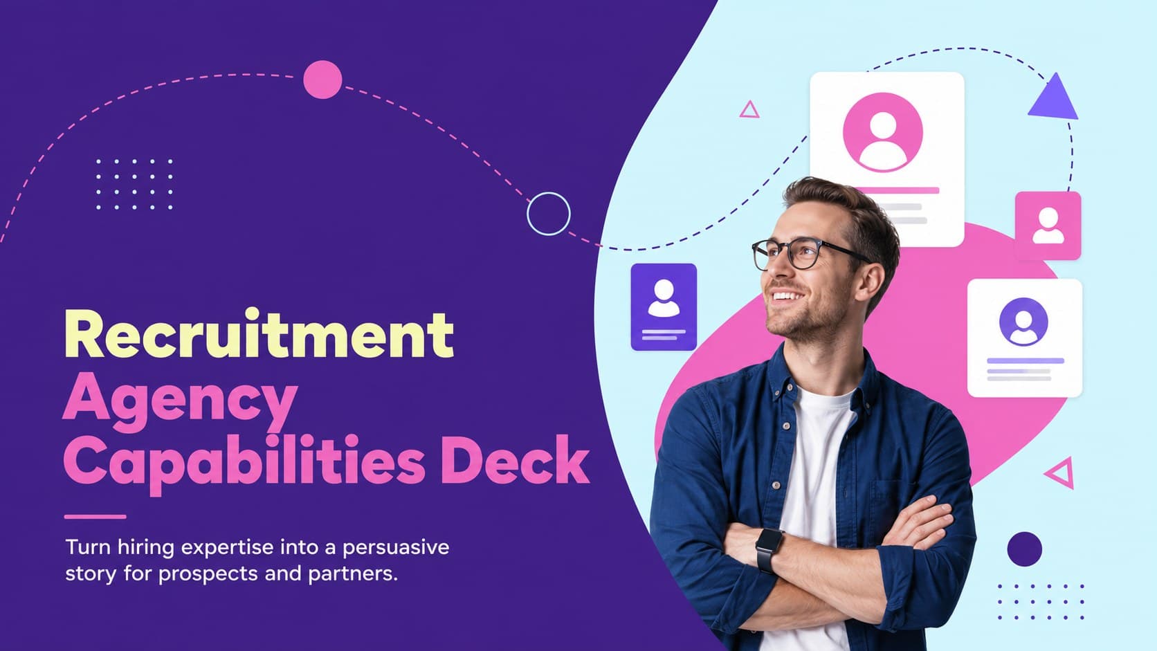 Cover of a Recruitment Agency Capabilities Deck with bold blue, pink, and purple corporate graphics.