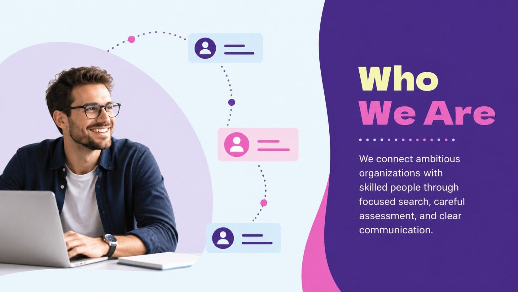 Recruitment agency presentation template slide introducing the firm's purpose, approach, and client promise.