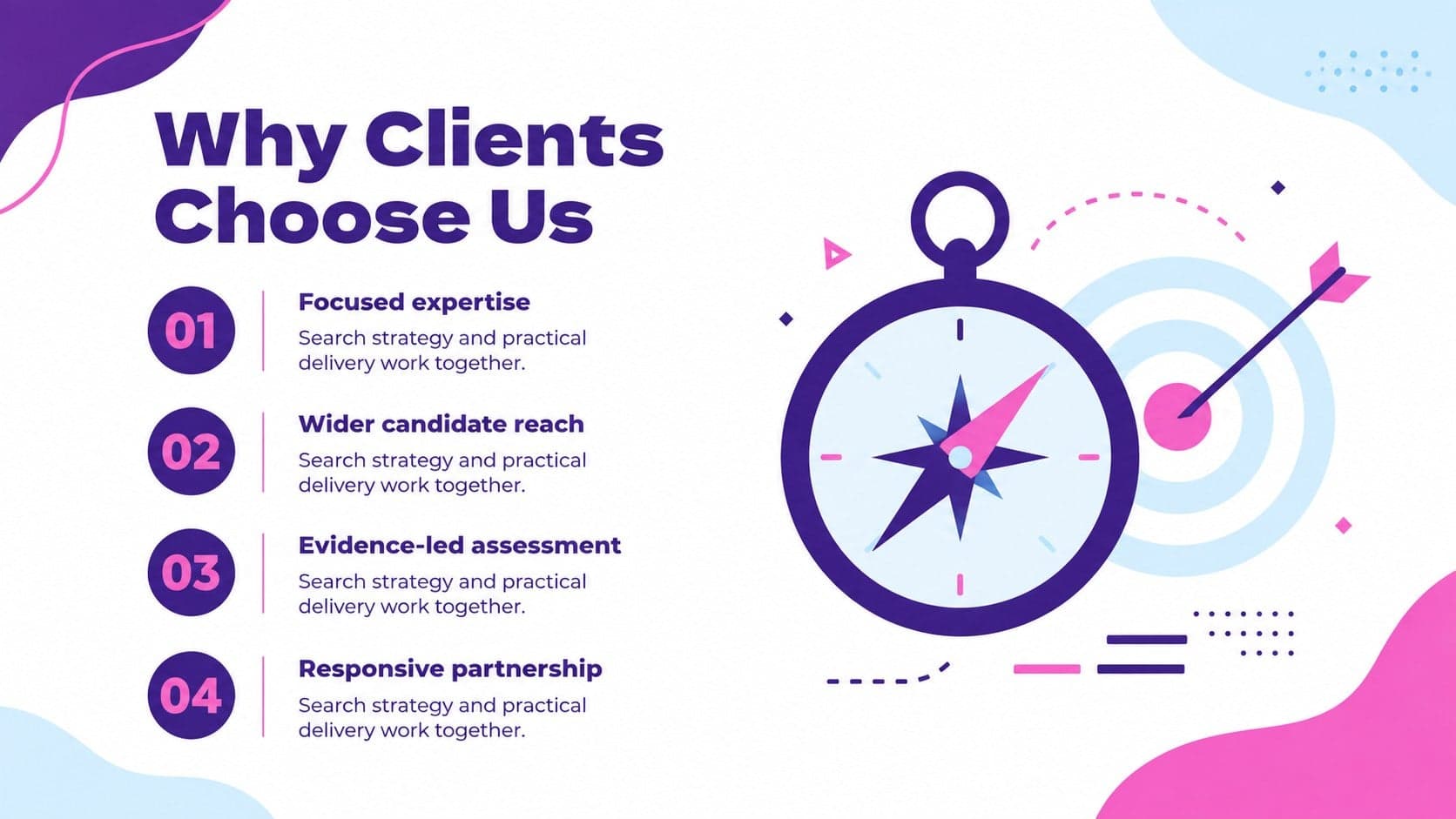 Executive search capabilities presentation slide highlighting speed, market insight, reach, and partnership.