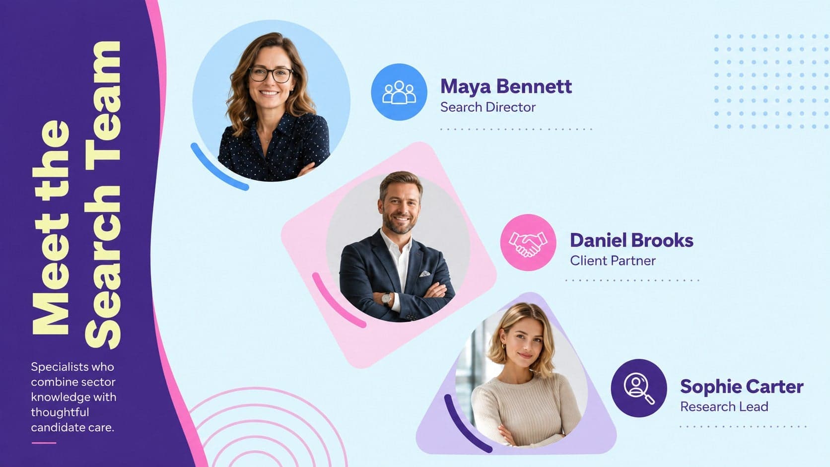 Recruiter portfolio slide featuring original team profiles for search, client partnership, and research specialists.