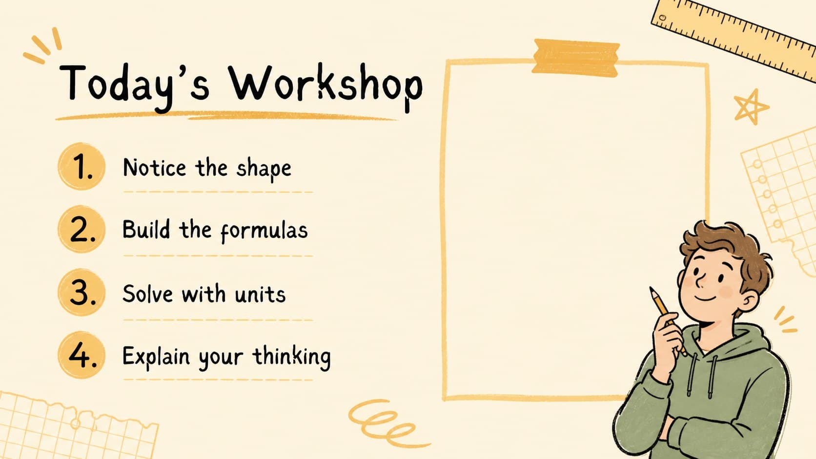 Geometry lesson agenda slide showing the sequence for an area and perimeter classroom workshop.